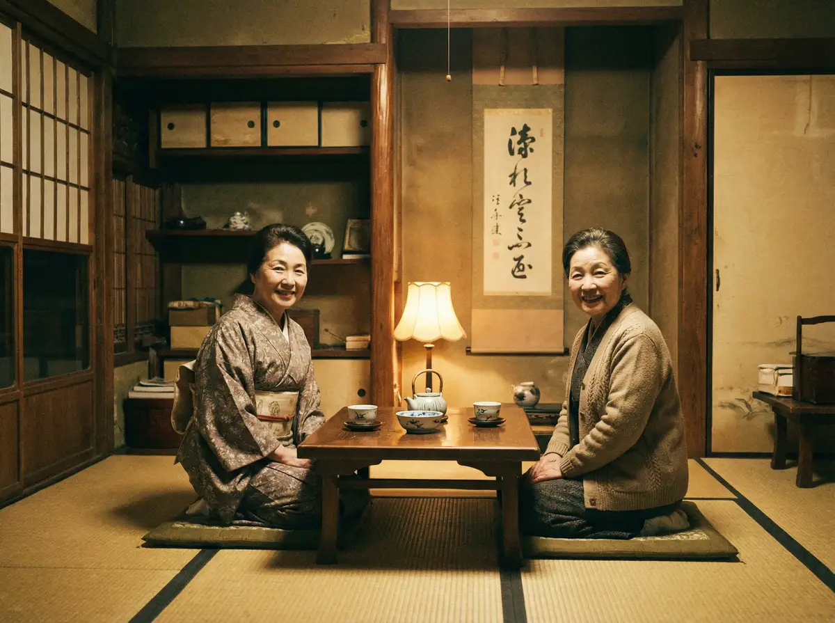 两位优雅的 Y6英亚体育平台 在日式茶室中品茶交谈